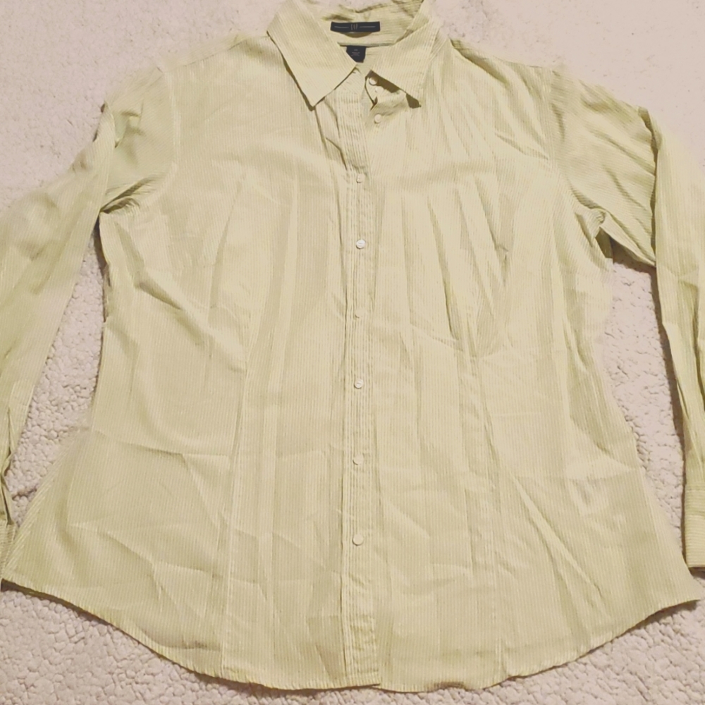 GAP green and white striped long sleeve button front shirt